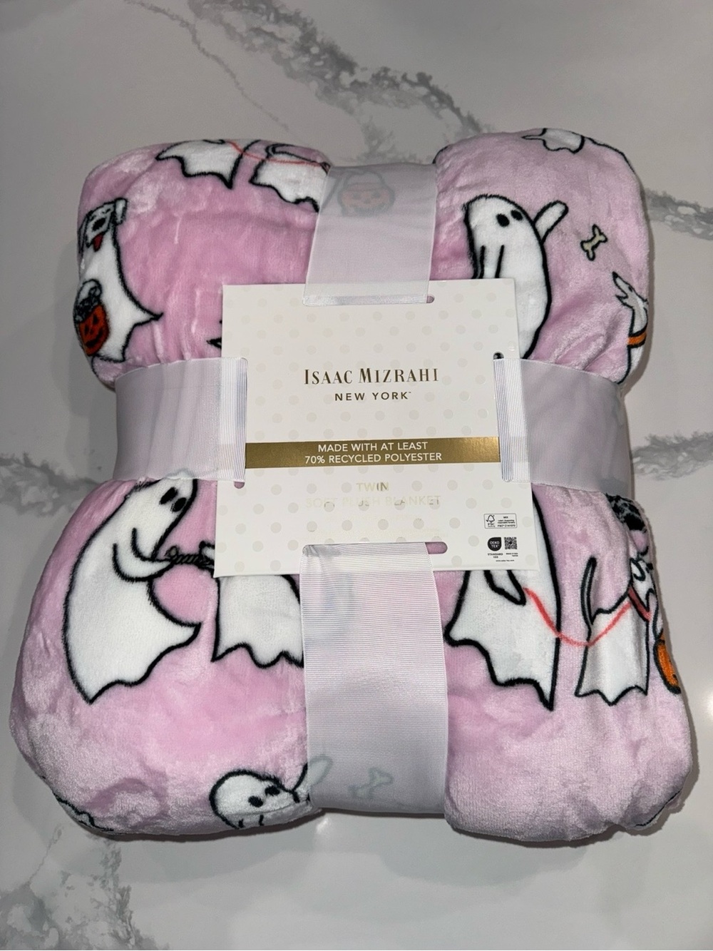 Isaac Mizrahi Ghosts and Ghost Dogs Pink Plush Halloween Blanket